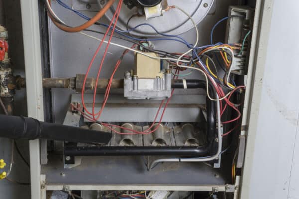 46562865 - repairman using a vacuum inside of a gas furnace. - Aspen Creek Heating & Air Furnace Repair Services Denver