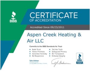 Aspen Creek Heating and Air BBB Certificate 2025